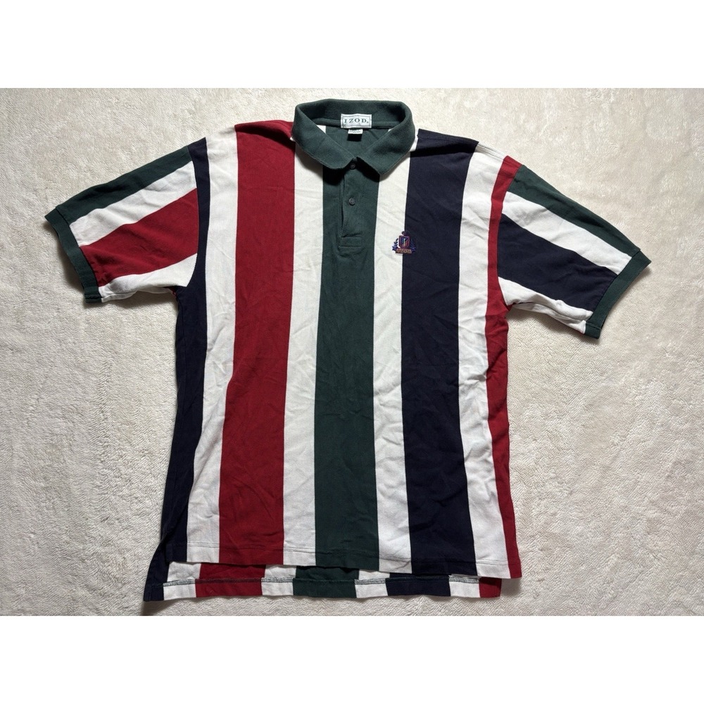 Vintage Izod Collard Short Sleeve Multi Color Polo Size Large 100% Cotton